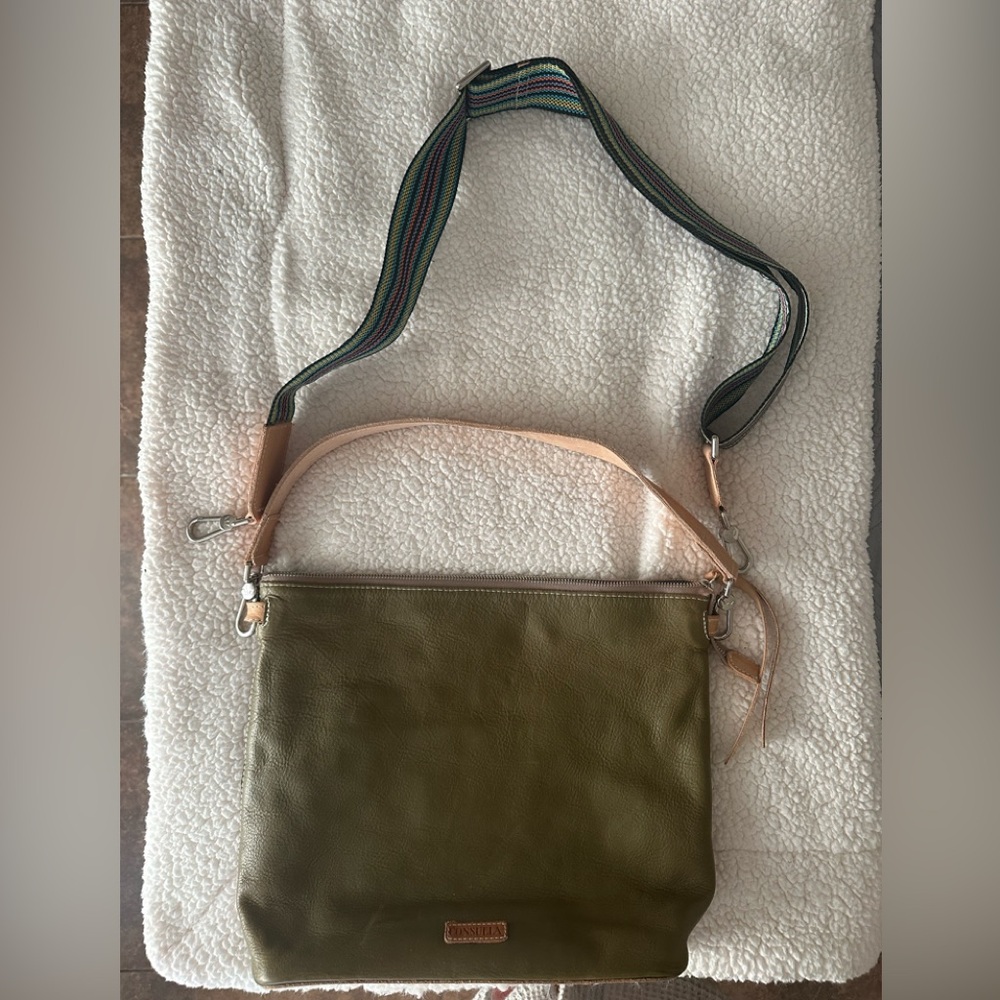 Consuela Olive Green Leather Crossbody with Striped Adjustable Strap